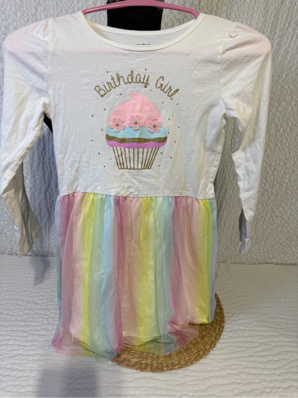 Girls' White 'Birthday Girl' Cupcake Dress with Pastel Rainbow Skirt